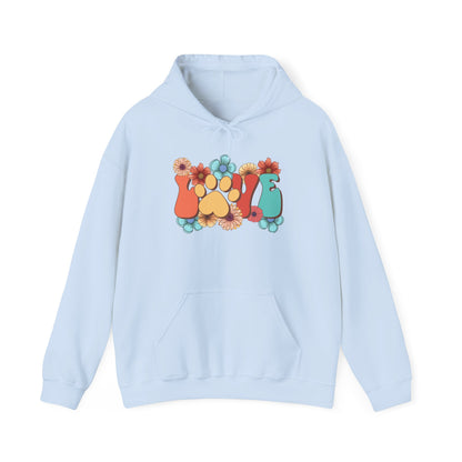 Printify light blue hoodie with colorful floral paw and pawprint graphic cozy kangaroo pocket Animal Lover Hoodie