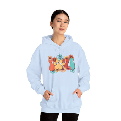 Animal Lover Hoodie Printify light blue oversized hoodie with floral paw print design worn by model