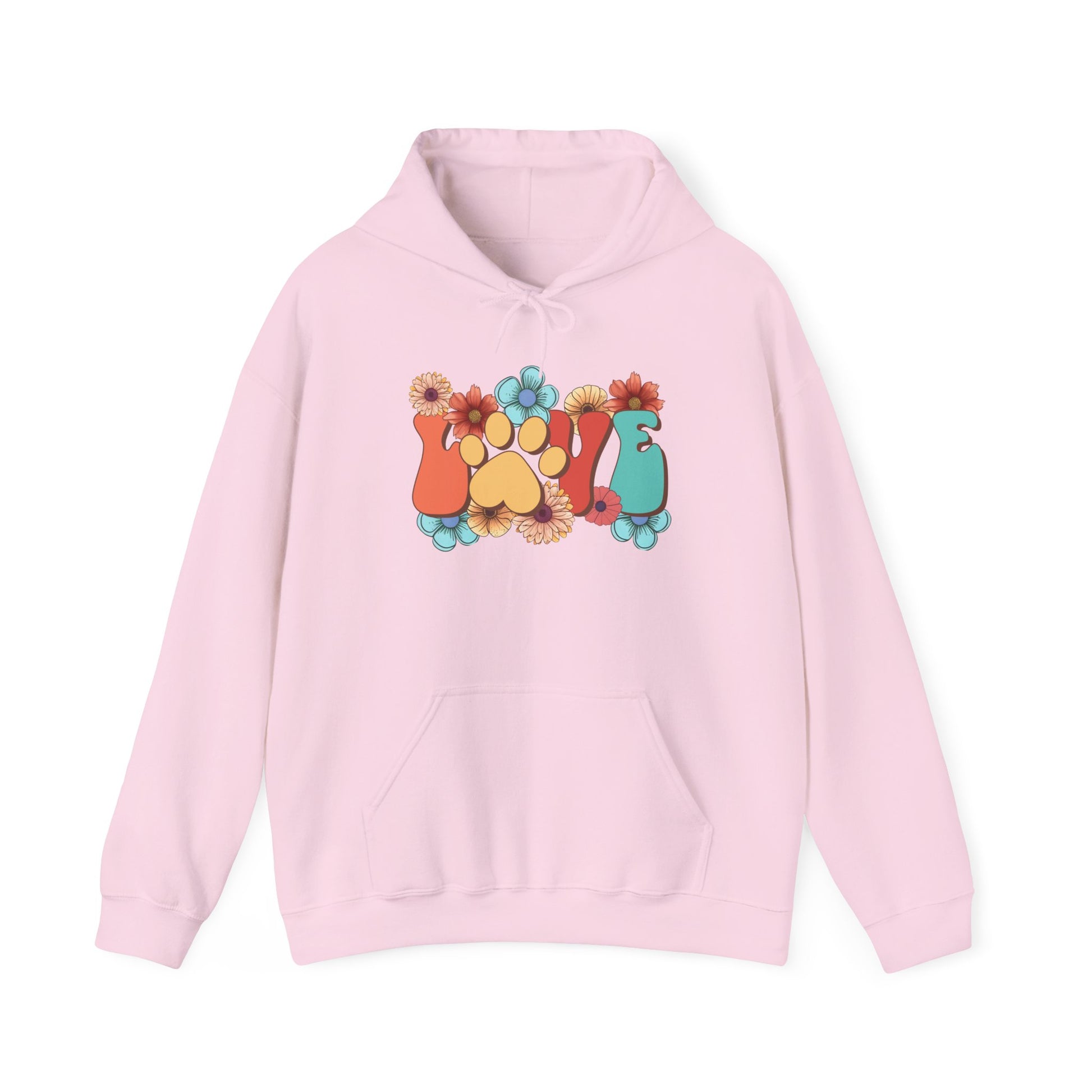 Animal Lover Hoodie pink Printify pullover with colorful paw print and retro floral graphic