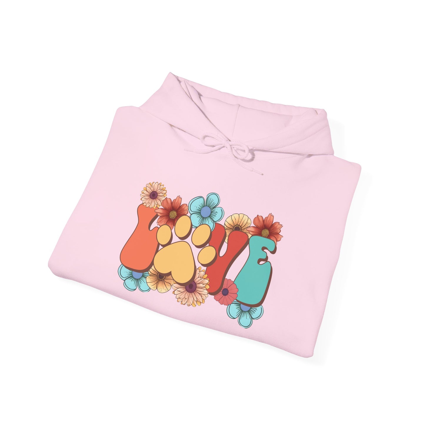 Printify pink folded Animal Lover Hoodie with colorful floral paw print love graphic