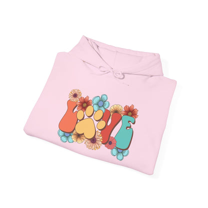 Printify pink folded Animal Lover Hoodie with colorful floral paw print love graphic