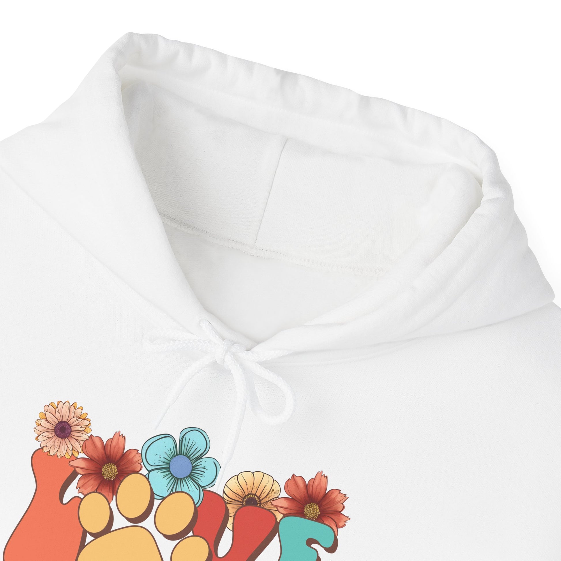 Printify white hoodie with colorful paw print and floral design close up showing hood and drawstrings Animal Lover Hoodie