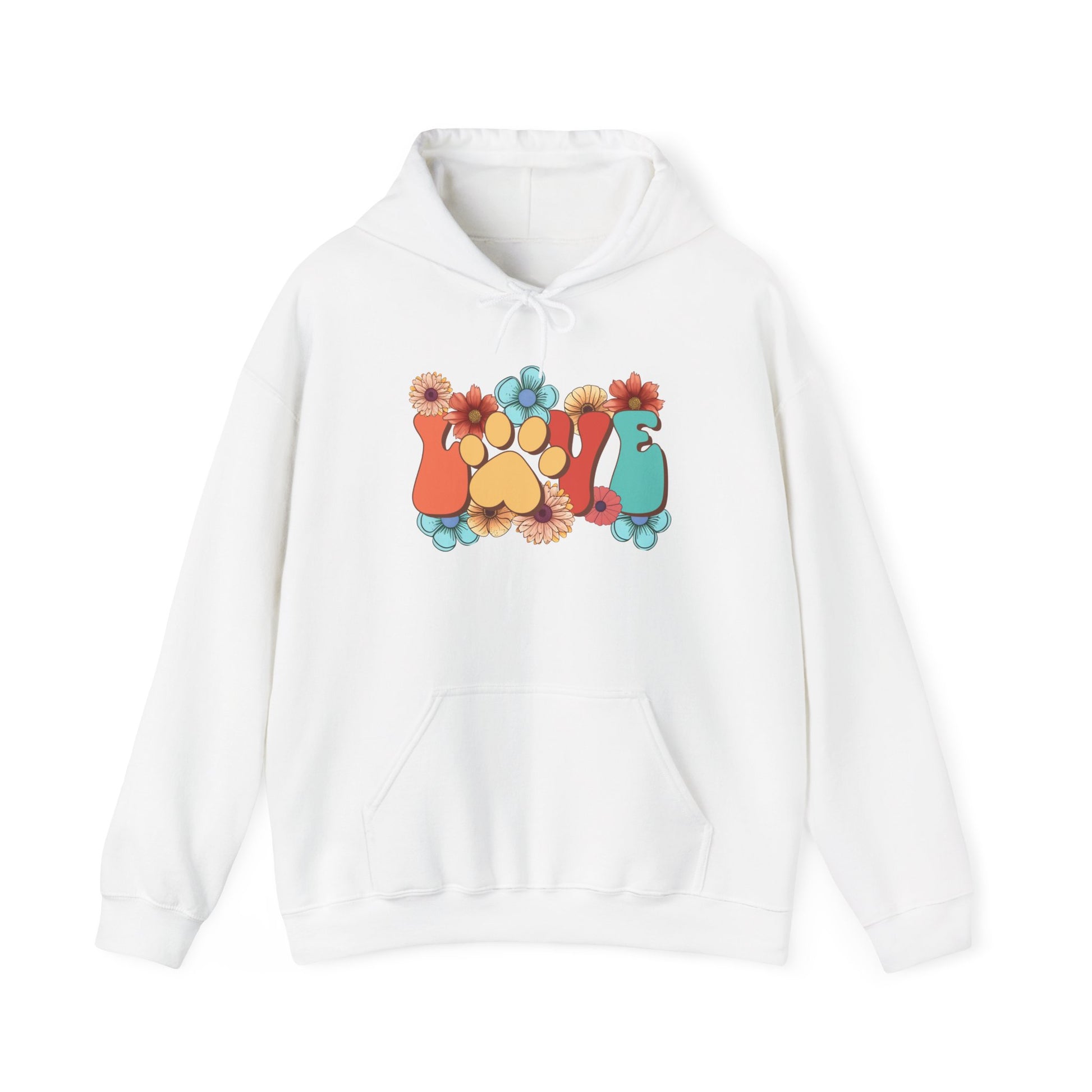 Printify white hoodie with colorful paw and floral graphic featuring Animal Lover Hoodie text ideal for pet owners