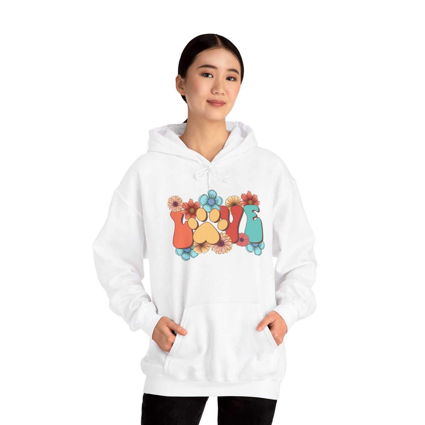 Animal Lover Hoodie white unisex hoodie with colorful paw and flower design worn by model with hands in pockets