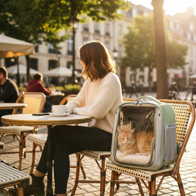 Woman at café with green cat carrier backpack