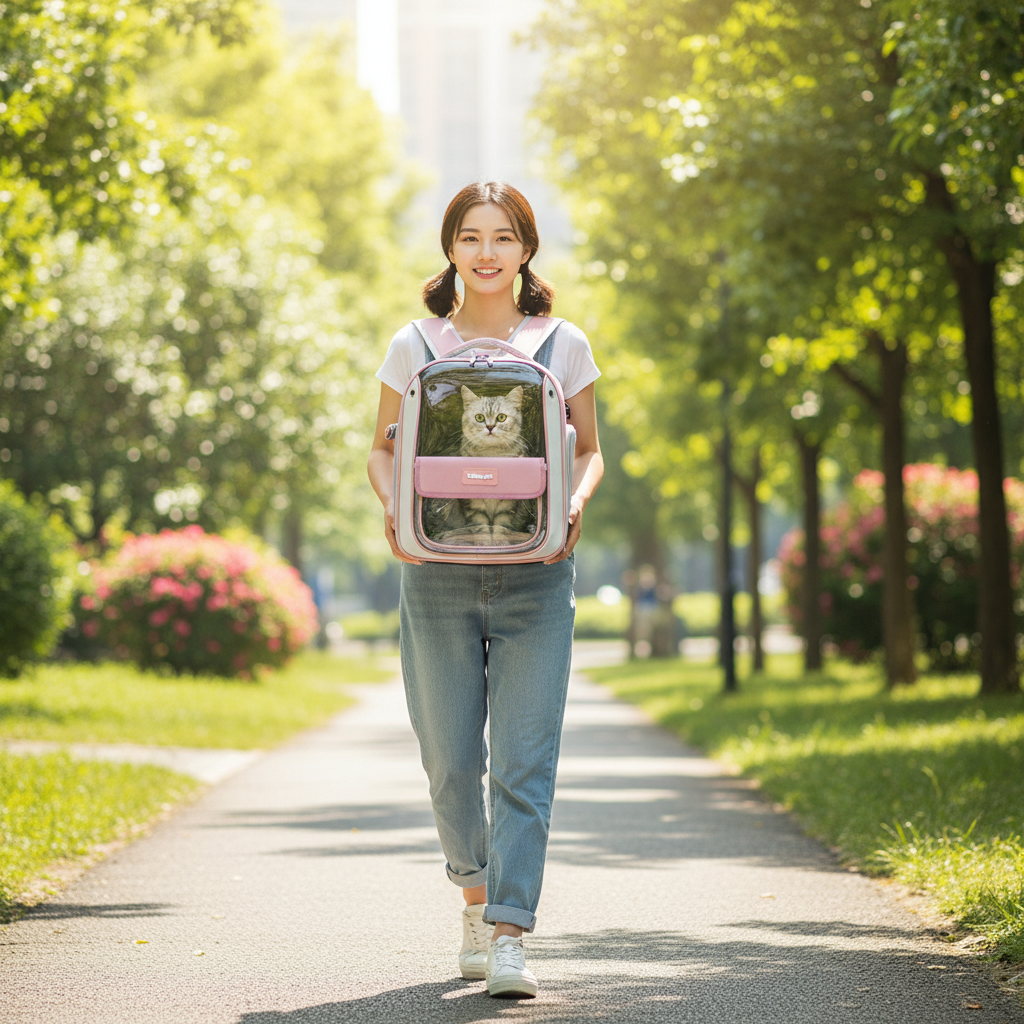 Woman walking in park with pink cat carrier backpack