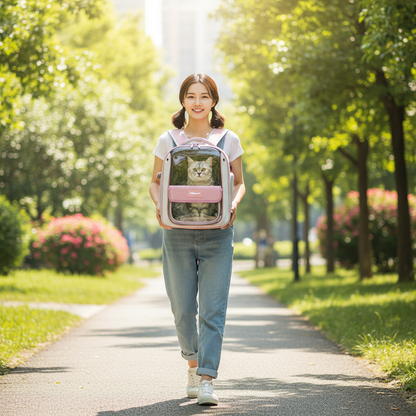 Woman walking in park with pink cat carrier backpack