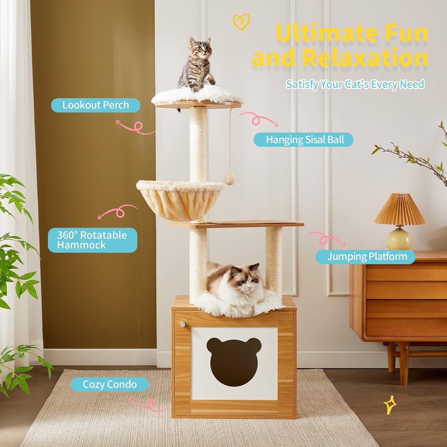 Wefulfil cat tree and tower with lookout perch, 360 rotatable hammock, cozy condo, hanging sisal ball, and jumping platform