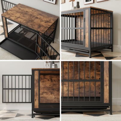 Wefulfil wooden dog crate with metal bars and rustic finish for secure pet containment