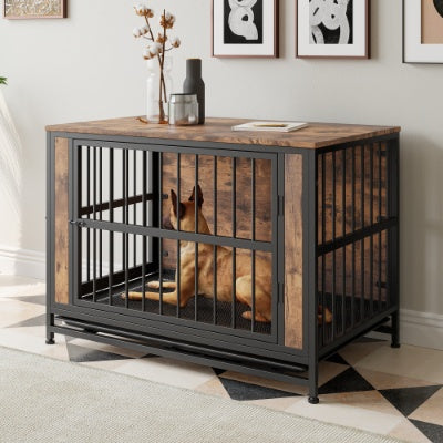 Wefulfil wooden dog crate with metal bars and a brown dog lying inside in a modern living room