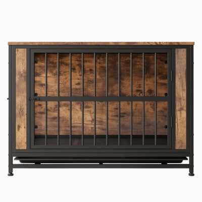 Wefulfil wooden dog crate with metal bars and rustic wood finish for secure pet housing