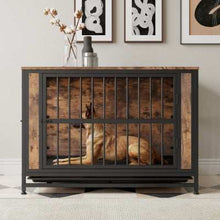 Wefulfil wooden dog crate with metal bars and rustic wood finish holding a large resting dog
