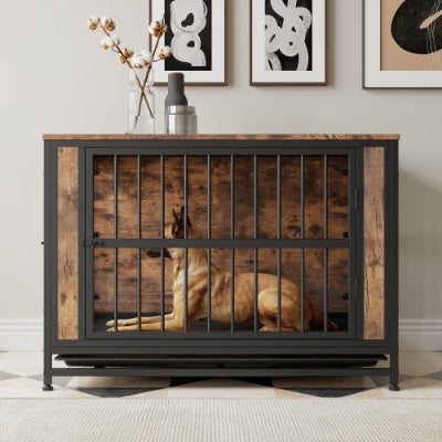 Wefulfil wooden dog crate with metal bars and rustic wood finish holding a large resting dog