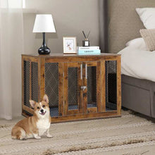 Wefulfil wooden indoor dog crate furniture with mesh panels in bedroom next to bed with dog
