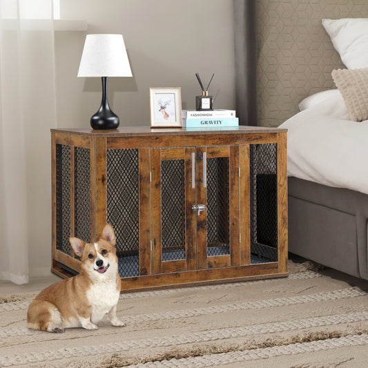 Wefulfil wooden indoor dog crate furniture with mesh panels in bedroom next to bed with dog