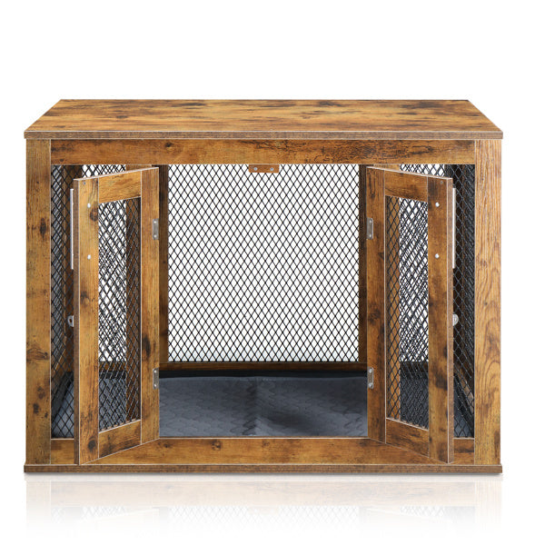 Wefulfil wooden indoor dog crate furniture with double mesh doors and rustic finish