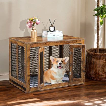 Wefulfil wooden indoor dog crate furniture with double doors and a happy corgi inside