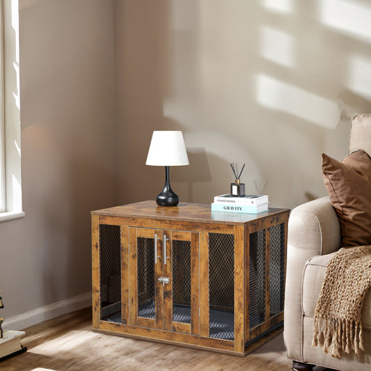 Wefulfil wooden indoor dog crate furniture with mesh doors placed next to a beige sofa in a cozy living room