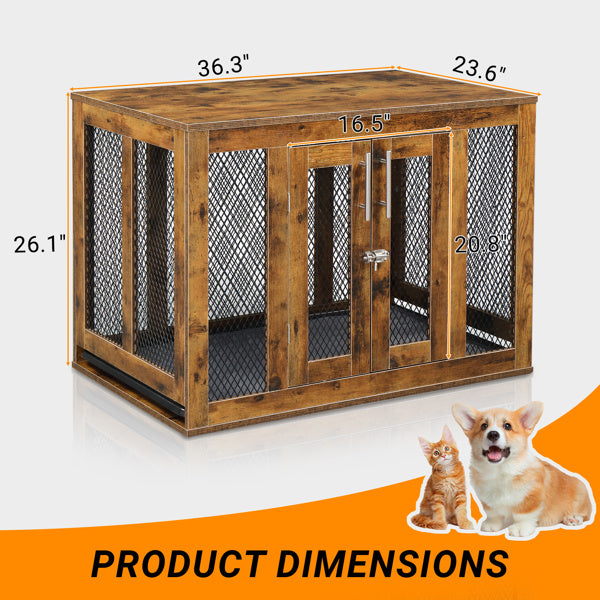 Wefulfil Wooden Indoor Dog Crate Furniture with mesh sides and secure double doors measuring 36.3 by 23.6 by 26.1 inches