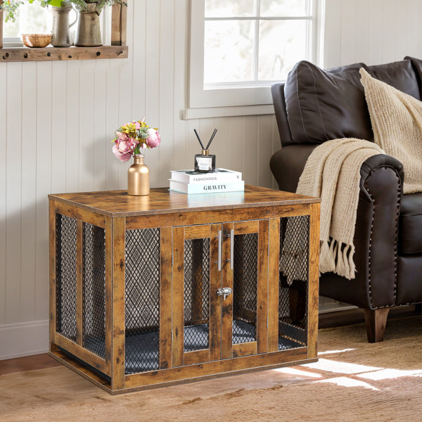 Wefulfil wooden indoor dog crate furniture with rustic finish placed next to a sofa in living room