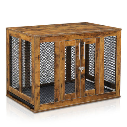 Wefulfil wooden indoor dog crate furniture with metal mesh sides and double front doors