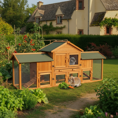 Wooden rabbit hutch with lop-eared rabbits in garden setting