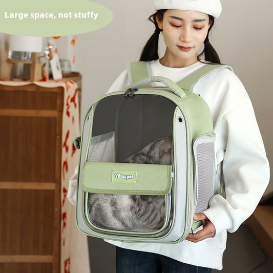 Woman holding Dropshipman large cat carrier backpack in green with transparent front and mesh sides