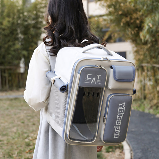 Dropshipman cat backpack carrier with transparent front window and side pockets worn by a woman outdoors