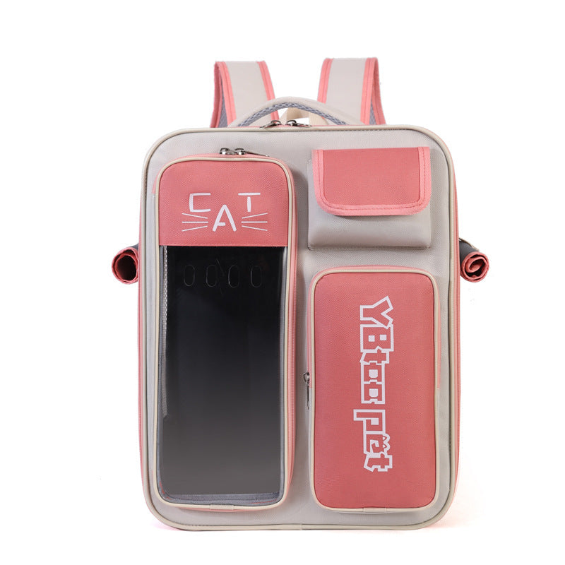 Dropshipman pink gray cat backpack carrier with transparent front window multiple pockets and padded straps for travel
