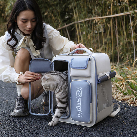 Woman outdoors using Dropshipman cat backpack carrier with clear front door side mesh pockets for travel