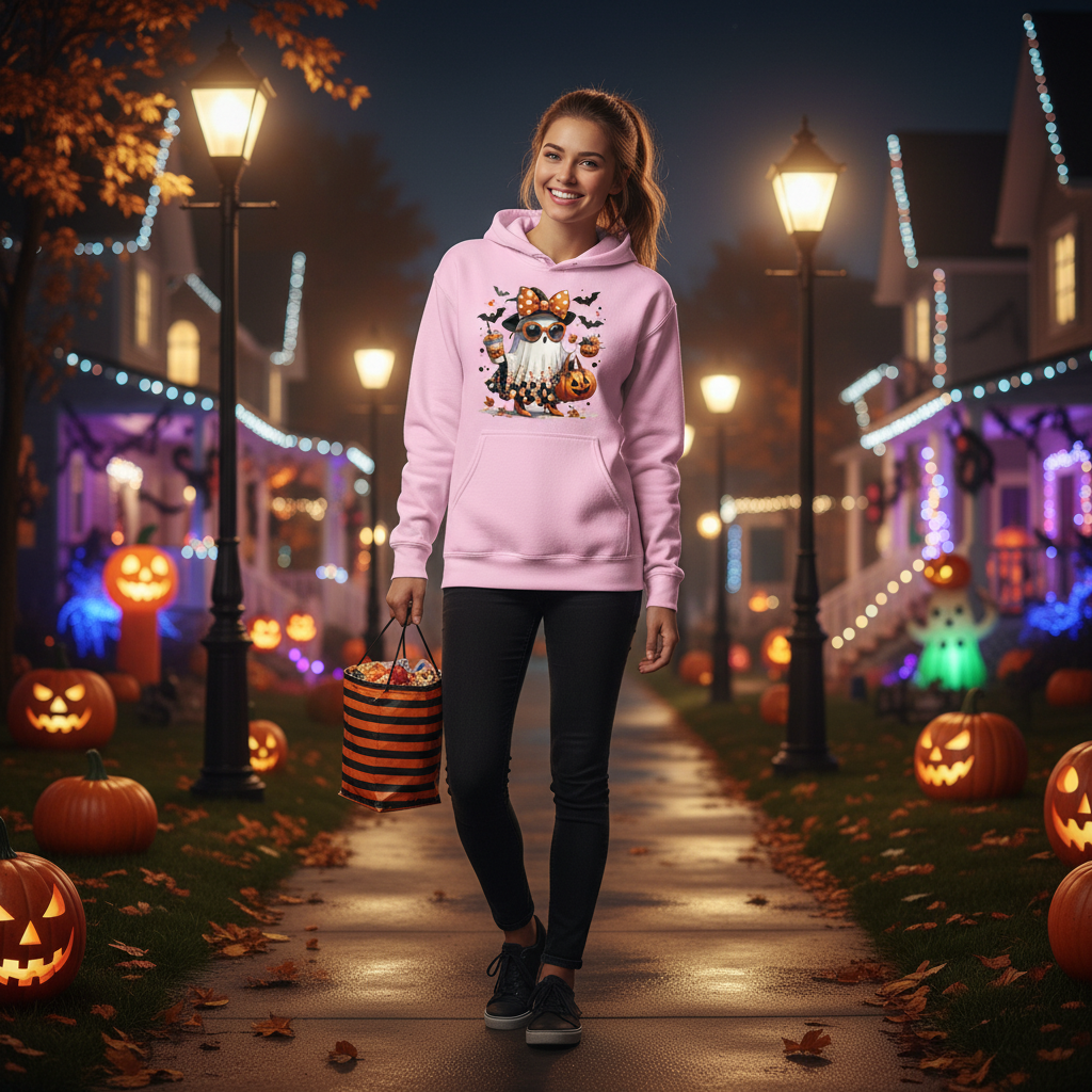 Young woman trick-or-treating in ghost hoodie