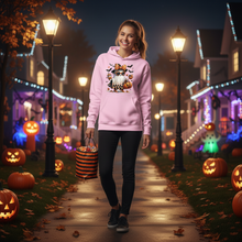 Young woman trick-or-treating in ghost hoodie